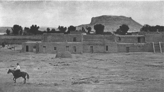 A view of part of San Ildefonso, New Mexico, showing the famous Black Mesa in the background