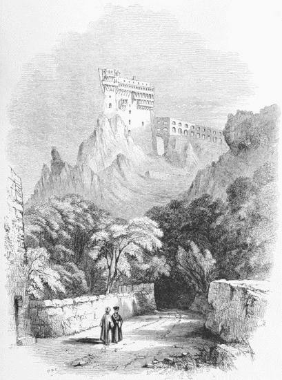 From a Sketch by R. Curzon.  VIEW OF THE MONASTERY AND AQUEDUCT OF SIMOPETRA, ON MOUNT ATHOS, TAKEN FROM THE SEA SHORE.