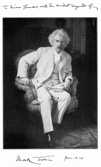 Photo of Mark Twain. Signed: To Miss Farrar, with the kindest regards of Mark Twain, JAN. 1908