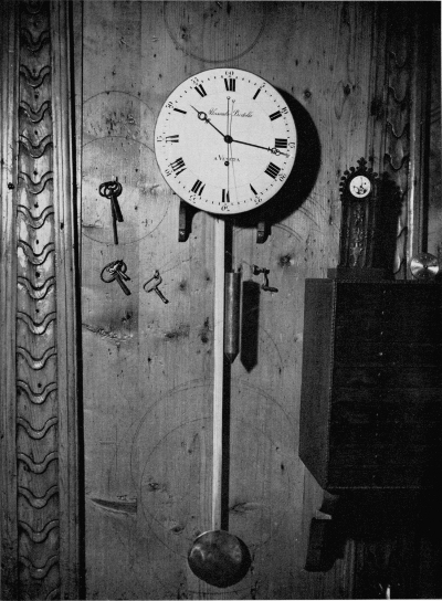 Figure 28.—Detail of wall of Bertolla's workshop, with regulatory clock made by his nephew, Alessandro Bertolla of Venice. Note wheel layouts, etc., scribed in the paneling. (Courtesy of Museo Nazionale della Scienza e della Tecnica, Milan.)