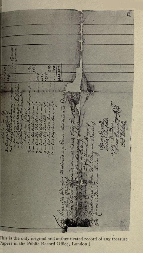 The official inventory of the Kidd treasure found on Gardiner's Island.  This is the only original and authenticated record of any treasure belonging to Captain Kidd.  (From the British State Papers in the Public Record Office, London.)