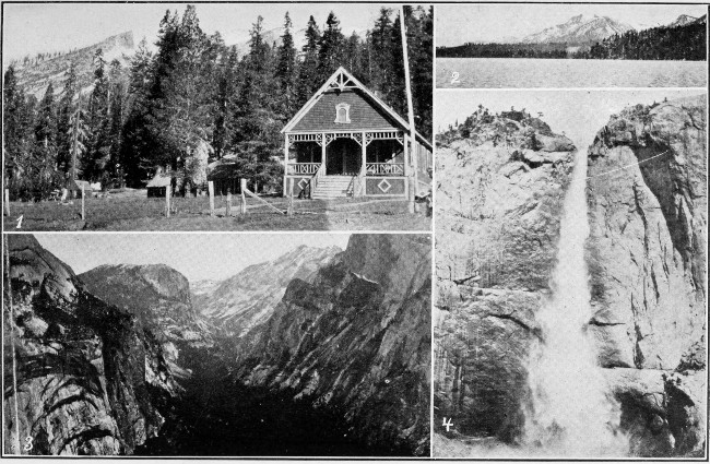 1. Philips Hotel on Lincoln Highway near Lake Tahoe. 2. View on Lake Tahoe. 3. Looking up Yosemite Valley. 4. Upper Yosemite Falls.