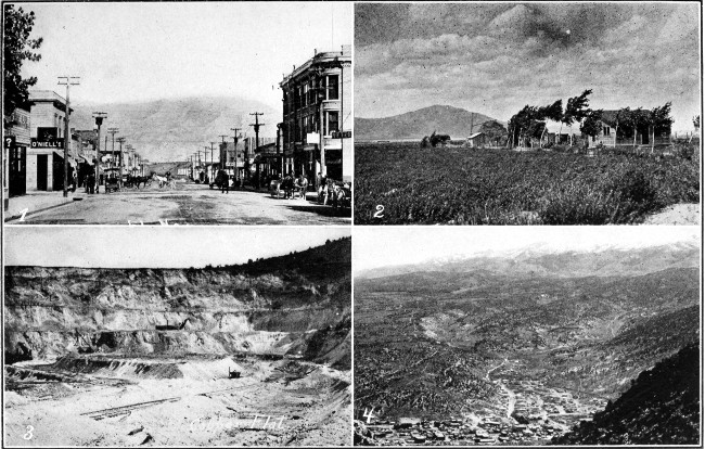 1. Ely, Nevada. 2. Homesteader's Ranch near Lahontan Dam. 3. Copper Mine at Ely. 4. Ely, Nev.