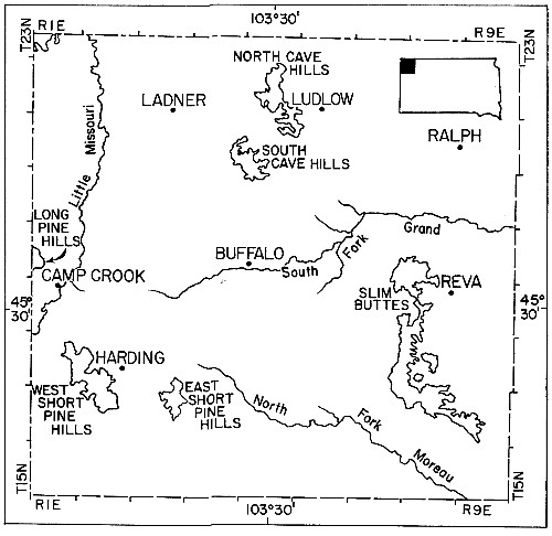 Fig. 1. Map of Harding County, South Dakota, showing location of places named in text.