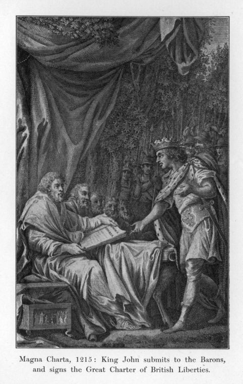 Magna Charta, 1215: King John submits to the Barons, and signs the Great Charter of British Liberties.