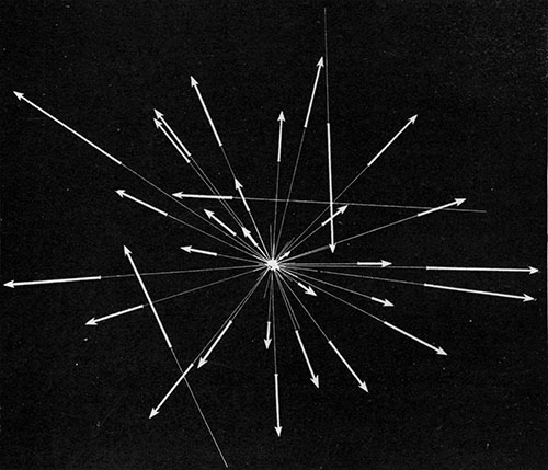 Fig. 113.—The radiant of a meteoric shower, showing also the paths of three meteors which do not belong to this shower.—Denning.