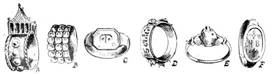 A, JEWISH WEDDING RING, GERMAN, 17TH CENTURY; B, MODERN ITALIAN; C, ITALIAN, 14TH CENTURY; D, VENETIAN, 16TH CENTURY; E, ENGLISH, 1706; F, ENGLISH BRONZE BETROTHAL RING, 17TH CENTURY.