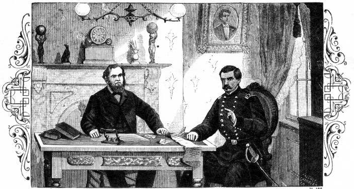 Frontispiece. P. 158.  Allan Pinkerton and General McClellan in Private Consultation.