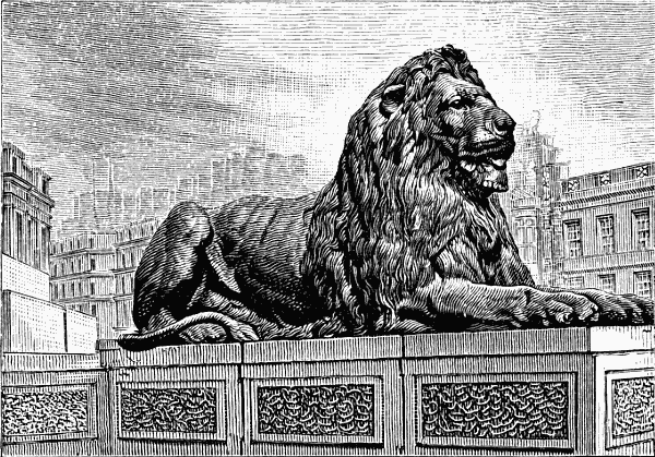 One of the Landseer Lions at the Base of the Nelson Monument, Trafalgar Square, London.