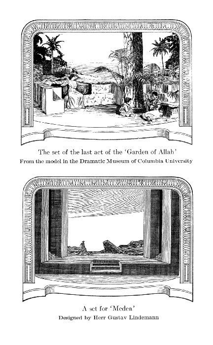 The set of the last act of the Garden of Allah From the model in the Dramatic Museum of Columbia University  A set for Medea Designed by Herr Gustav Lindemann