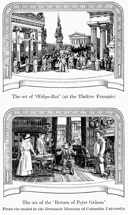 The set of Œdipe-Roi (at the Théâtre Français)  The set of the Return of Peter Grimm From the model in the Dramatic Museum of Columbia University