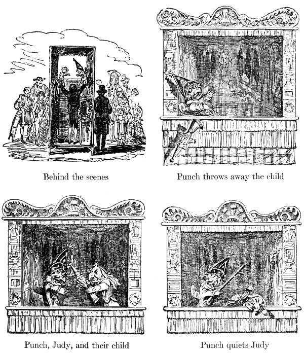 Behind the scenes  Punch throws away the child  Punch, Judy, and their child  Punch quiets Judy