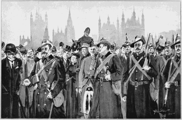 LONDONS RESPONSE-THE CITY IMPERIAL VOLUNTEERS CROSSING WESTMINSTER BRIDGE.