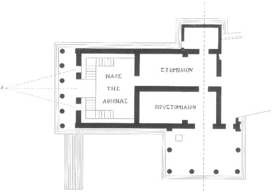 Figure 7 Plan of Erechtheum showing new interior arrangement. Dotted lines from A show simultaneous visibility of windows from the axis of the door