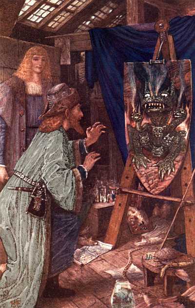 Leonardo frightens his Father with the Monster painted on his Shield.