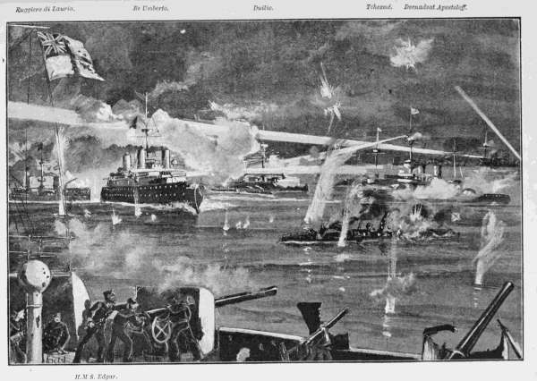 Ruggiero di Lauria.  Re Umberto. Duilio. Tchesmé.  Dvenadsat Apostoloff. H.M.S. Edgar. HELP FROM ITALY: "WITH THEIR SEARCH-LIGHTS BEAMING FORTH IN ALL DIRECTIONS, THE SHIPS WERE FIGHTING FIERCELY, POUNDING AWAY AT EACH OTHER WITH DEAFENING DIN."