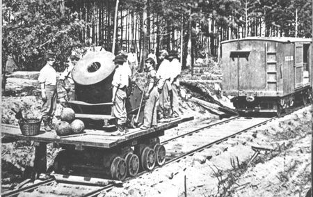 Moved by special rail to the Petersburg front, the 13-inch mortar "Dictator" hurled 200-pound exploding shells at the Confederate earthworks over two miles away.