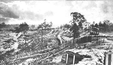 Chevaux-de-frise, made of logs pierced by sharp stakes, line the Georgia countryside. Confederate defensive measures such as this were effective in stopping cavalry and preventing surprise frontal attacks by infantry.