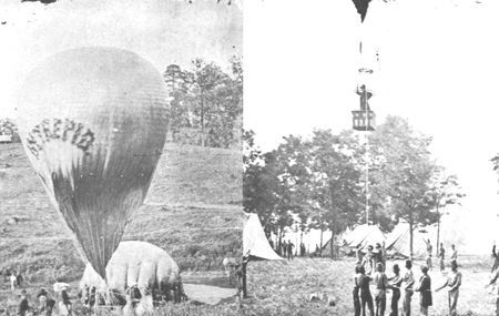 Dodging Confederate shells which whizzed dangerously close to the Intrepid, Professor Lowe telegraphed information on emplacements directly from his balloon and made sketches of the approach routes to Richmond.