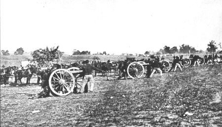 Artillerymen soften an objective for the infantry. Although field artillery was used extensively, it fcenterened and demoralized more men than it wounded. Only 20 per cent of the battle casualties can be attributed to the artillery.