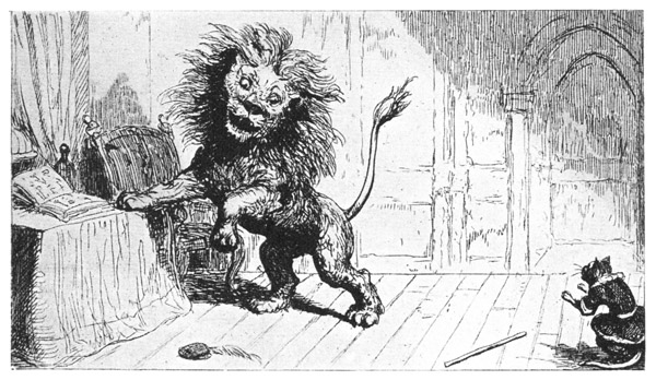 THE OGRE IN THE FORM OF A LION. From George Cruikshank's Fairy Library, "Puss in Boots," 1864.