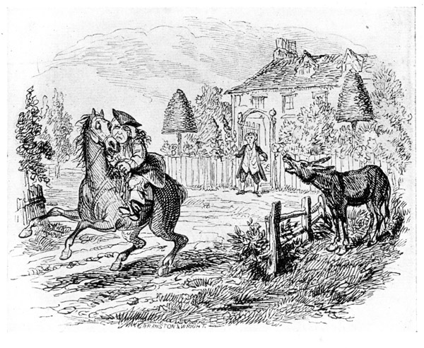 "while he spake a braying ass Did sing most loud and clear.—William Cowper.   From "The Diverting History of John Gilpin," 1828. An earlier design by Cruikshank for "John Gilpin" is in "The Humourist," vol. iii. (1819). 1836 is the date borne by a new edition of W. A. Nield's very monotonous musical setting of John Gilpin, "illustrated by Cruikshank" (presumably Robert).