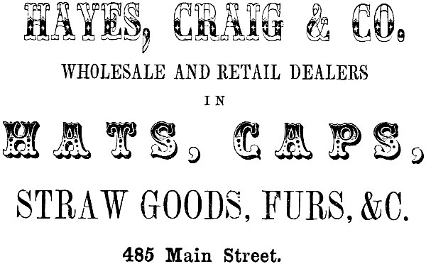 HAYES, CRAIG & CO. WHOLESALE AND RETAIL DEALERS IN HATS, CAPS, STRAW GOODS, FURS, &C. 485 Main Street.