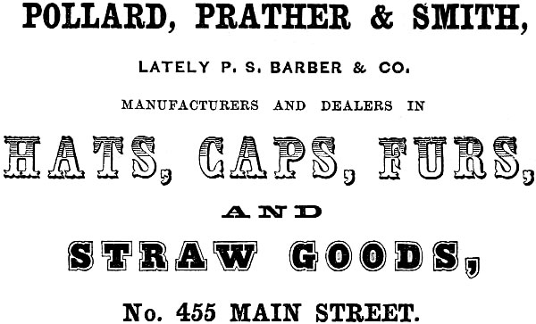 POLLARD, PRATHER & SMITH, LATELY P. S. BARBER & CO. MANUFACTURERS AND DEALERS IN HATS, CAPS, FURS, AND STRAW GOODS, No. 455 MAIN STREET.