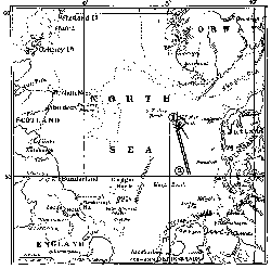 CHART SHOWING POSITIONS IN BATTLE OF JUTLAND IN RELATION TO SURROUNDINGS OF THE NORTH SEA. (1) SCENE OF BATTLE. (2) POSITION OF BRITISH FLEET AT 3 A. M., JUNE 1, 1916, BEFORE RETRACING ITS COURSE TO THE BATTLEFIELD.