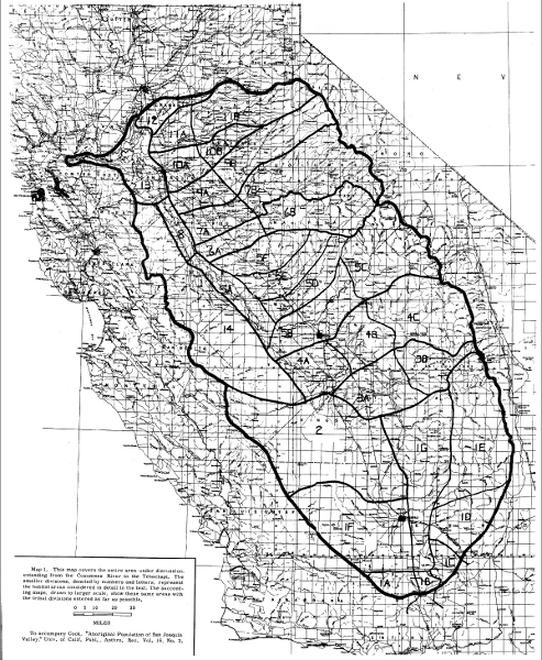 Map 1. This map covers the entire area under discussion, extending from the Cosumnes River to the Tehachapi. The smaller divisions, denoted by numbers and letters, represent the habitat areas considered in detail in the text. The succeeding maps, drawn to larger scale, show these same areas with the tribal divisions entered as far as possible.  To accompany Cook, "Aboriginal Population of San Joaquin Valley," Univ. of Calif. Publ., Anthro. Rec. Vol. 16, No. 2.