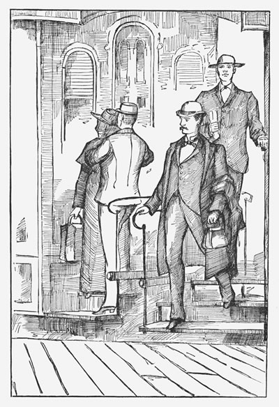 "Then Dimber Joe arose, stretched himself, flung a linen duster across his arm, and, swinging in his hand a small valise, quitted the car."—page 196.