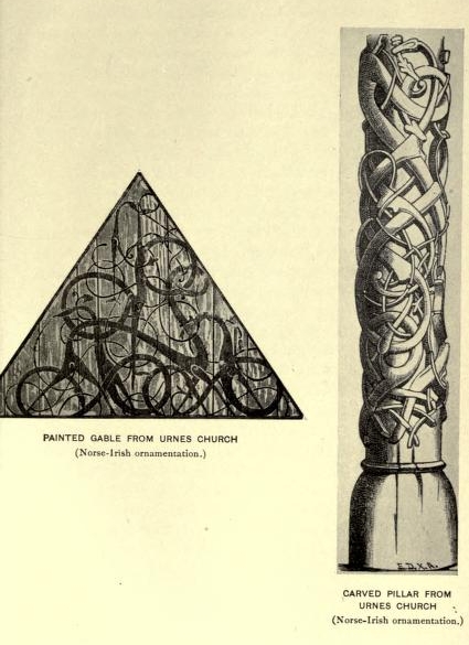 Painted gable from Urnes Church (Norse-Irish ornamentation)—Carved pillar from Urnes Church (Norse-Irish ornamentation)