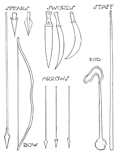 Fig. 13.—SPEARS, SWORDS, STAFF, ROD, ARROWS, BOW