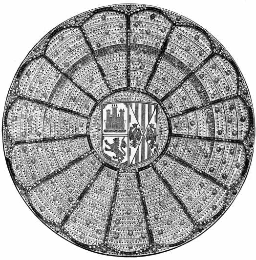 PLATEAU, DIAPERED AND WITH RAISED RIBS AND STUDS, IN BLUE AND GOLDEN LUSTRE. THE ARMS OF LEON, CASTILE, AND ARAGON. HISPANO-MORESCO. 15TH OR 16TH CENTURY. SOUTH KENSINGTON MUSEUM.