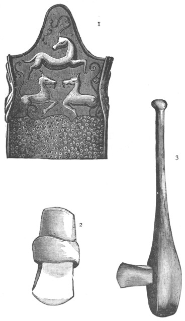 (1) DECORATION ON SWORD HILT; (2 AND 3) STONE CELTS, FOUND IN SWISS LAKE DWELLINGS.  (Copied by permission from "Harper's Magazine.")