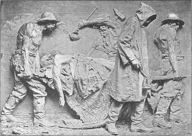 "VICTIMS OF THE WORK," ST. GOTHARD TUNNEL, FROM A BAS-RELIEF BY VELA.  (Photographed by Guler. By permission of the Sculptor.)