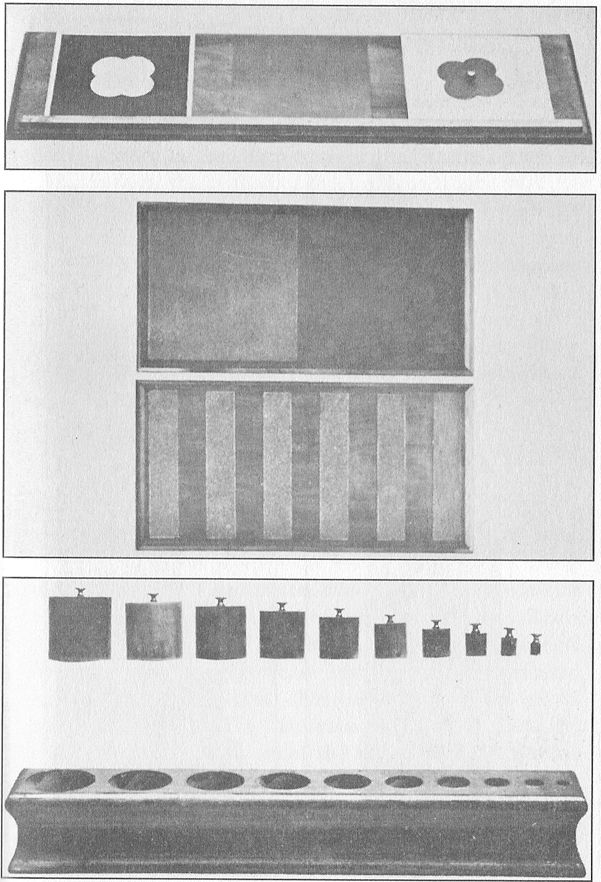 (A) DRAWING TABLE AND INSET. (B) WOODEN TABLETS. These are partly covered with sandpaper to give rough and smooth surfaces.  (C) SOLID INSETS. With these the child, working by himself, learns to differentiate objects according to thickness, height, and size.