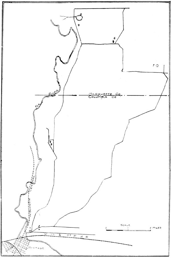 LITTLE JOURNEY TO HOMES OF JOHN MUIR  (1) Fort Winnebago (2) Fort Winnebago Cemetery (3) School Where Annie and Johanna Muir Taught (4) School Where Muir Children Attended (5) Fountain Lake, first home of Muir family. (6) Muir church. (7) Second home of the Muir family.