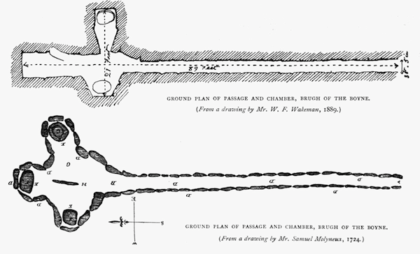 GROUND PLAN OF PASSAGE AND CHAMBER, BRUGH OF THE BOYNE. (From a drawing by Mr. W. F. Wakeman, 1889.) GROUND PLAN OF PASSAGE AND CHAMBER, BRUGH OF THE BOYNE. (From a drawing by Mr. Samuel Molyneux, 1724.)