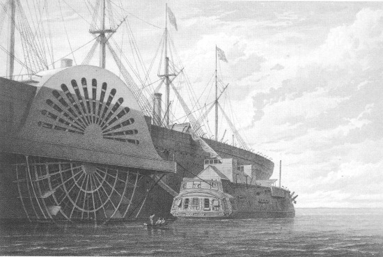 T. Picken, lith from a drawing by R. Dudley  London, Day & Sons, Limited, Lith.  THE OLD FRIGATE WITH HER FREIGHT OF CABLE ALONGSIDE THE “GREAT EASTERN” AT SHEERNESS.