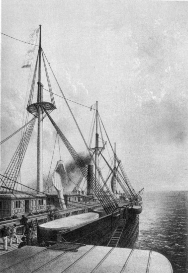 E. Walker, lith from a drawing by R. Dudley  London, Day & Sons. Limited, Lith.  VIEW (LOOKING AFT) FROM THE PORT PADDLE BOX OF GREAT EASTERN SHOWING THE TROUGH FOR CABLE &c.