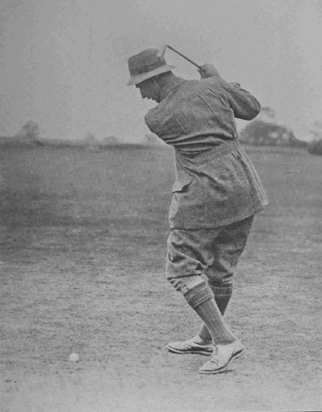 PLATE III.  HARRY VARDON  At the top of his swing, showing his weight mainly on the left leg. This characteristic is very marked in Vardon's play.