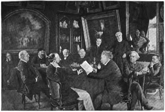 THE COMMITTEE ROOM OF THE COMÉDIE FRANÇAISE: ALEXANDRE DUMAS (THE YOUNGER) READING A PLAY.  (From the painting of Laissement in the Comédie Française.)