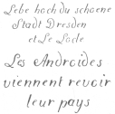 Specimens of penmanship executed by the Droz writing automaton in 1796 and 1906 respectively. From the brochure issued by the Society of History and Archæology, Canton of Neuchatel, Switzerland.