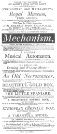 Poster used, March 22nd, 1811, by de Philipsthal and Maillardet during their partnership, on which the writing and drawing figure is featured. From the Harry Houdini Collection.