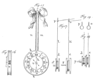 The above diagram exposes the magic clock trick, as offered in the time of Hofrath von Eckartshausen, a German writer on magic in the eighteenth and the nineteenth centuries. Fig. 15 shows the clock in position for the trick, hung against the rear wall or “drop.” Gaily-colored ribbons hide thin leather tubes through which run two sets of stout silk thread or catgut, connecting with the hour and minute hands. The thread then passes through the two iron rings, p and o in Figures 17 and 19, which are screwed to the ceiling; thence to the hidden confederate, who manipulates the clock hands as the hour and minute are announced by magician or spectator. Fig. 16 shows the two faces of the clock, with the fine connecting rod around which the string is wound to manipulate the hands. This mechanism is hidden by a flat brass band which encircles the edges of the two transparent faces. From Eckartshausen’s “The Conjurer’s Pocket,” edition of 1791.