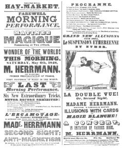 Billing used by Compars Herrmann when he played in opposition to Robert-Houdin on the latter’s arrival in London. This shows that Herrmann duplicated all of Robert-Houdin’s tricks. From the Harry Houdini Collection.