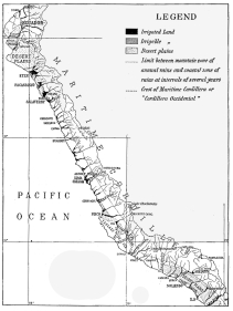 Fig. 66—Irrigated and irrigable land of the coastal belt of Peru. The map exhibits in a striking manner how small a part of the whole Pacific slope is available for cultivation. Pasture grows over all but the steepest and the highest portions of the Cordillera to the right of (above) the dotted line. Another belt of pasture too narrow to show on the map, grows in the fog belt on the seaward slopes of the Coast Range. Scale, 170 miles to the inch.