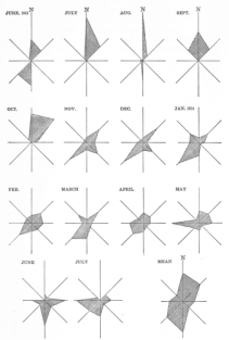 Fig. 104—Monthly wind roses for Santa Lucia, June, 1913, to July, 1914, and composite rose for the whole period of observation.