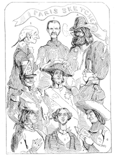 EXPLANATION OF THE ALLEGORY   Number 1’s an ancient Carlist, Number 8 a Paris Artist, Gloomily there stands between them, Number 2 a Bonapartist; In the middle is King Louis-Philip standing at his ease, Guarded by a loyal Grocer, and a Sergeant of Police; 4’s the people in a passion, 6 a Priest of pious mien, 5 a Gentleman of Fashion, copied from a Magazine.